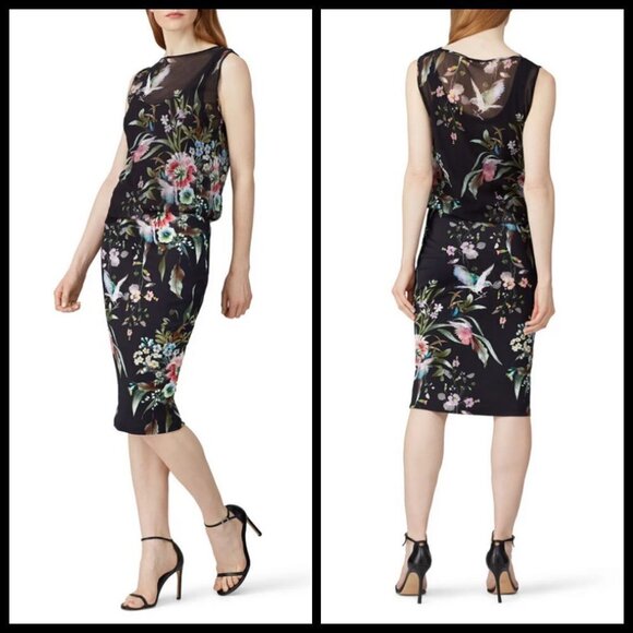💕FUZZI💕 Navy Floral Sheath Dress 100% Viscose Crepe Large - Picture 1 of 16